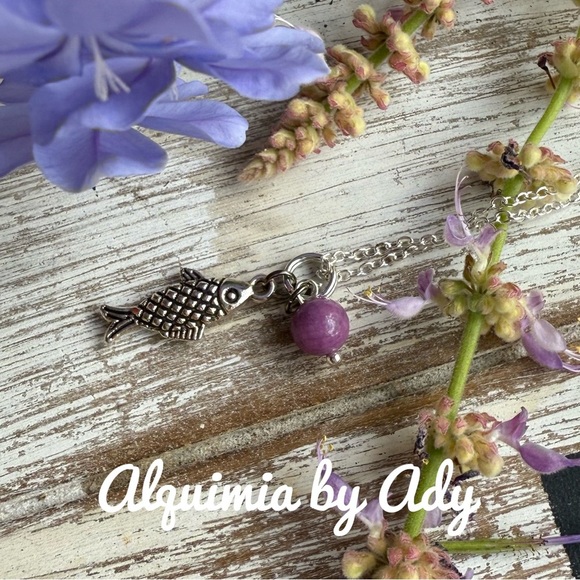 Silver Fish Pendant Necklace with Purple lepidolite Bead - Picture 1 of 2